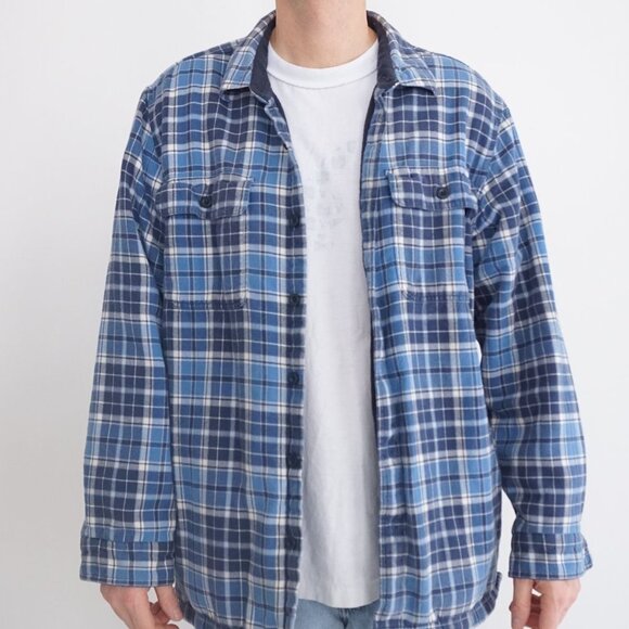 Vintage '90S L.L. Bean Blue Plaid Fleece Lined Button Up Outdoor Shacket L-Reg - Picture 1 of 10